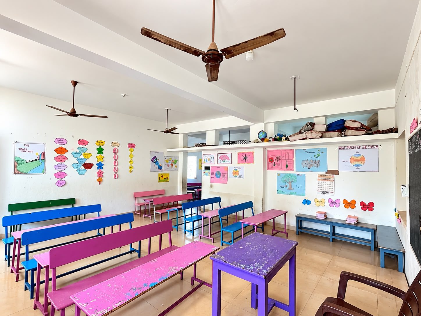 Colourful classroom walls with charts and learning materials