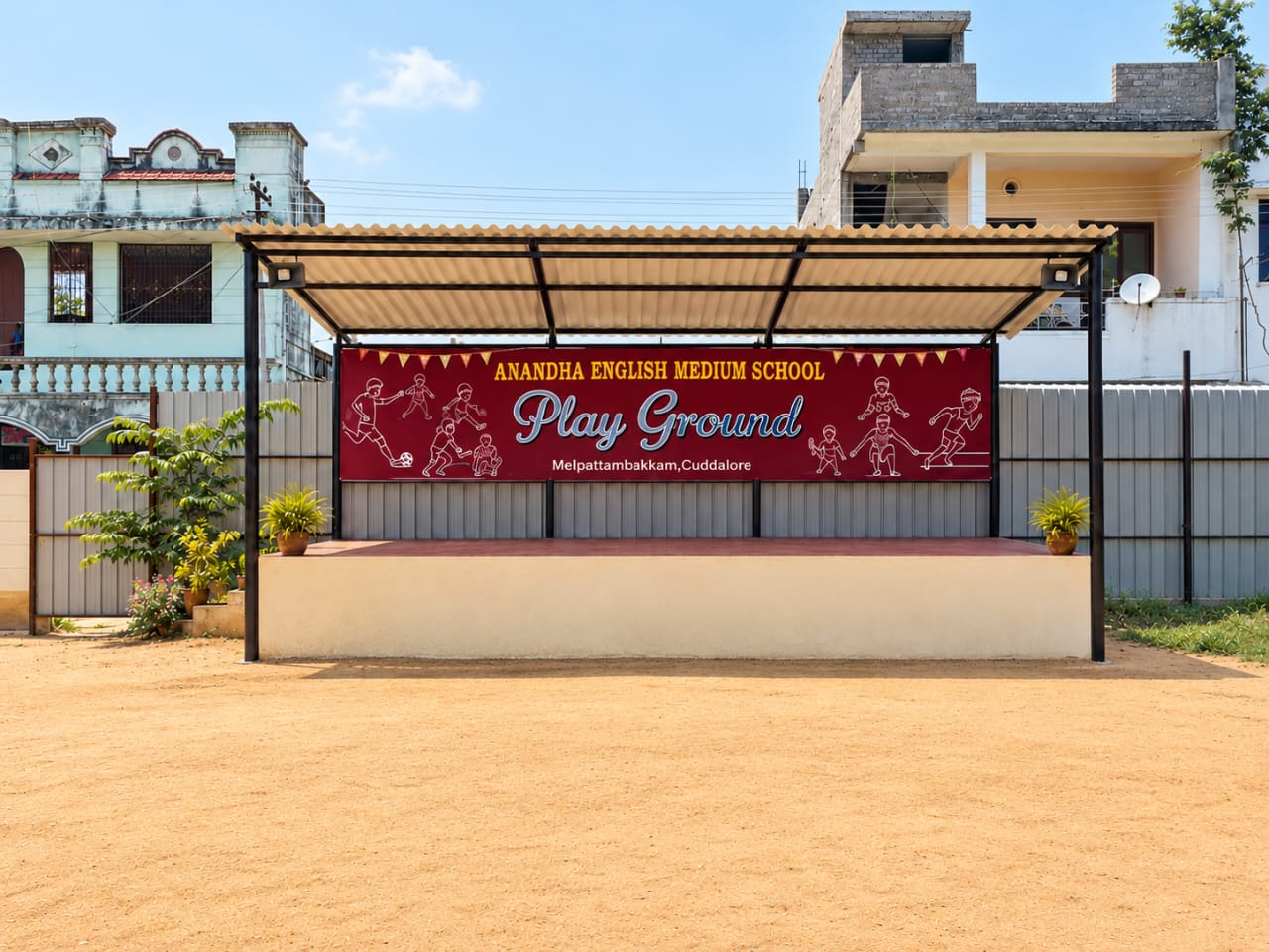 Anandha School playground stage for outdoor events and sports